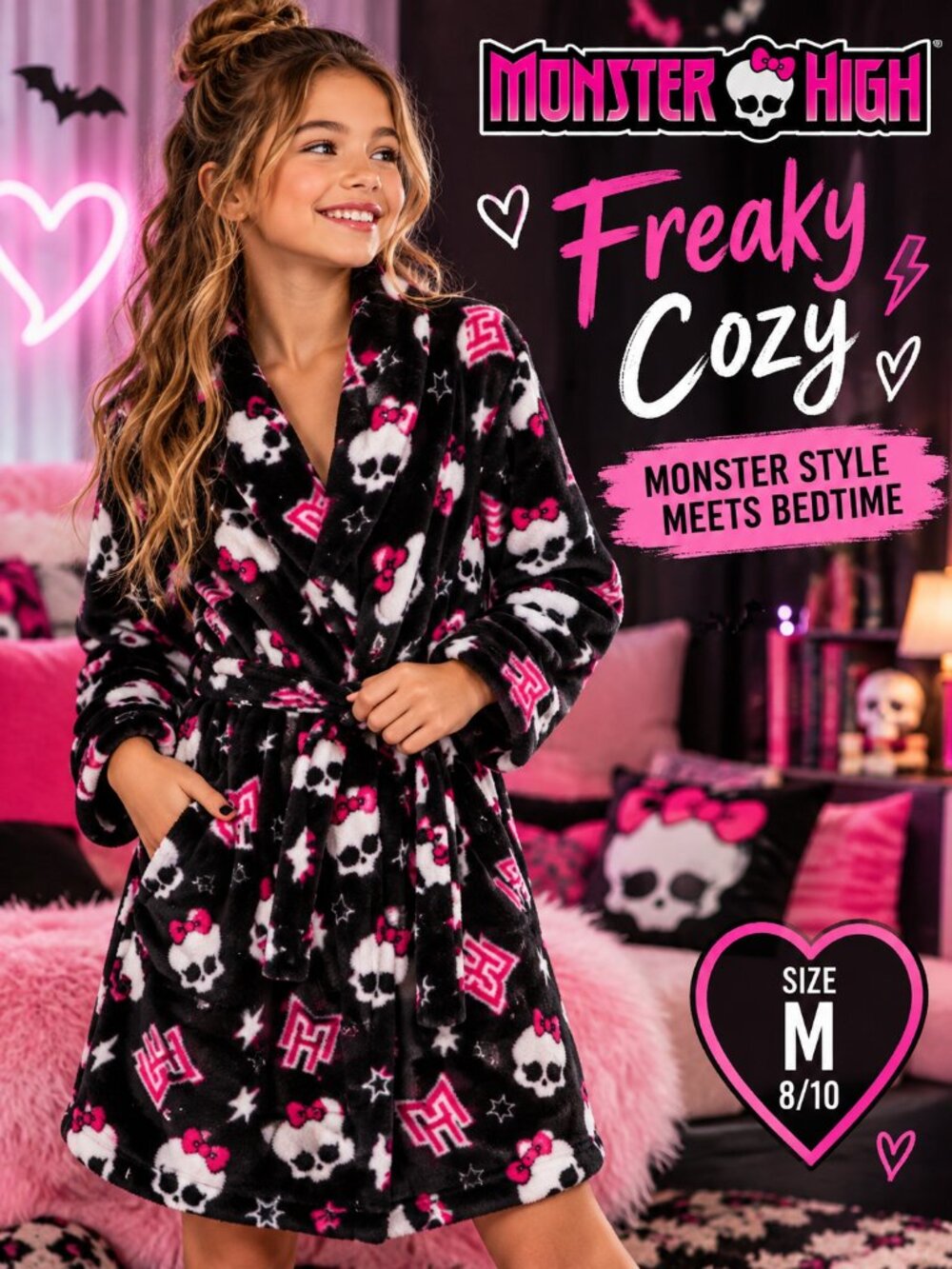 Monster High Skullette Plush Fleece Robe Black Pink Girl Medium 8/10 Spooky Cute
